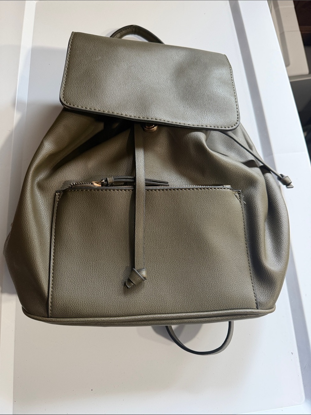 Mathew + Julian Olive Green Faux Leather Backpack Drawstring Flap Pocket Women’s